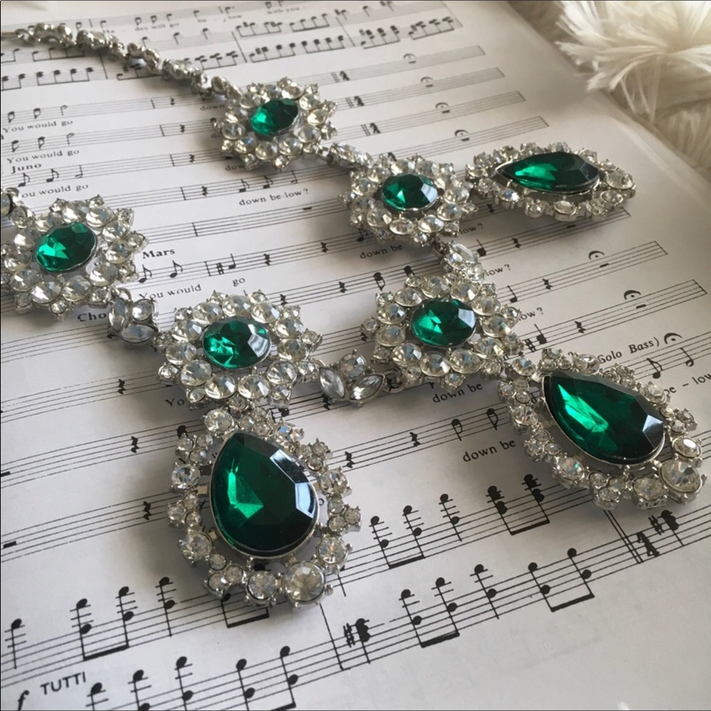 Crystal statement emerald silver necklace nwt DEADSTOCK